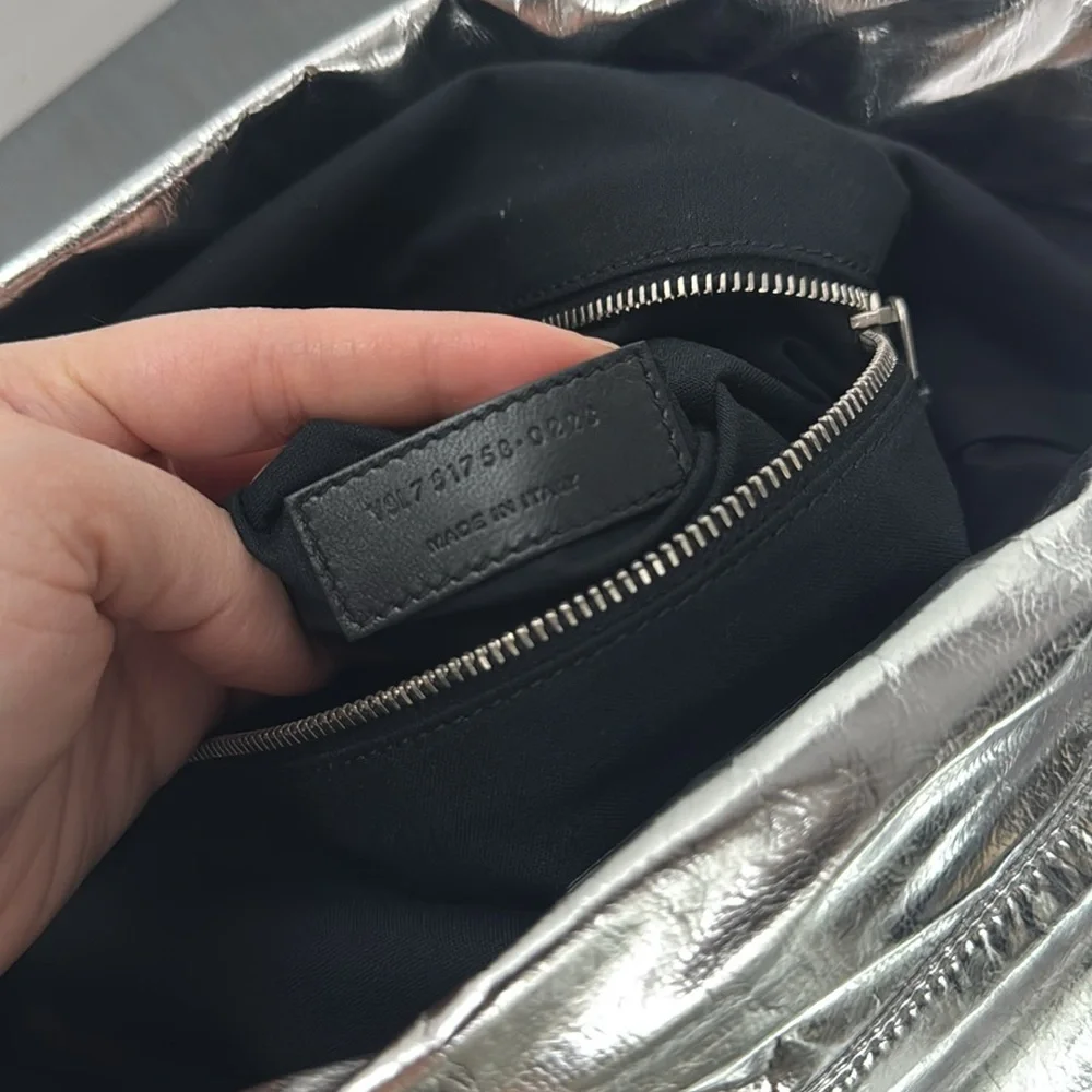 Saint Laurent Metallic Silver Drawstring Backpack